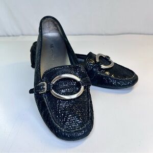 Anne Klein Black Leather Driving Loafers Comfort Shoes Horsebit Ring Moc Toe 7M